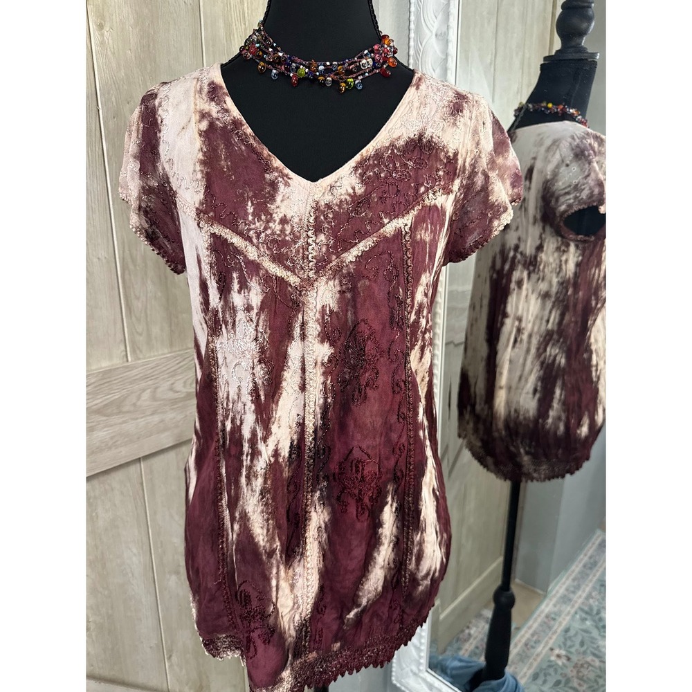 Lapogee Burgundy Tie Dye Embroidered Lace Trim Boho Top Free Size